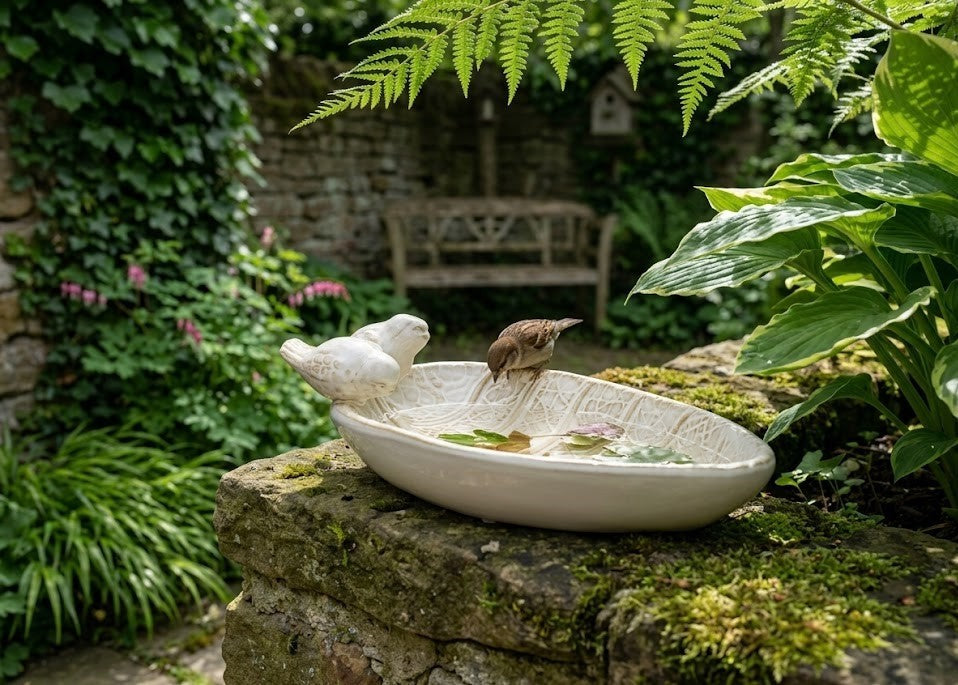 Vogeltränke oval zwei Vögelchen Blatt creme glasiert 25 cm Wildvögel,Voliere