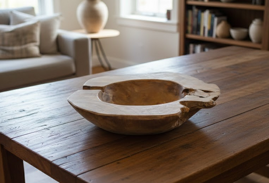 Rustikale Teak-Schale 28cm Massivholz-Unikat Handarbeit Boho & Natur Deko
