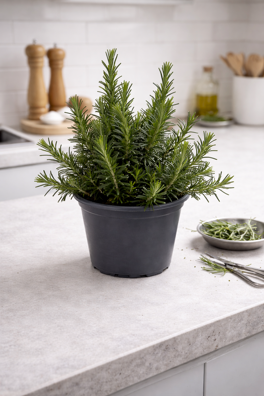 Rosmarin Kräuter Pflanze im Topf (Rosmarinus) Aromatisches Küchenkraut
