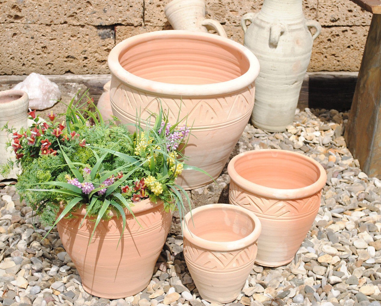 Pflanzkübel,Streifenmuster,Blumentopf,Terracotta hell,frostfest!3 Größen wählbar