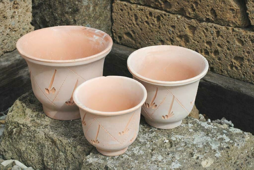 Pflanztöpfe im 3er Set helle Terracotta verziert 13/16/20cm spanisch