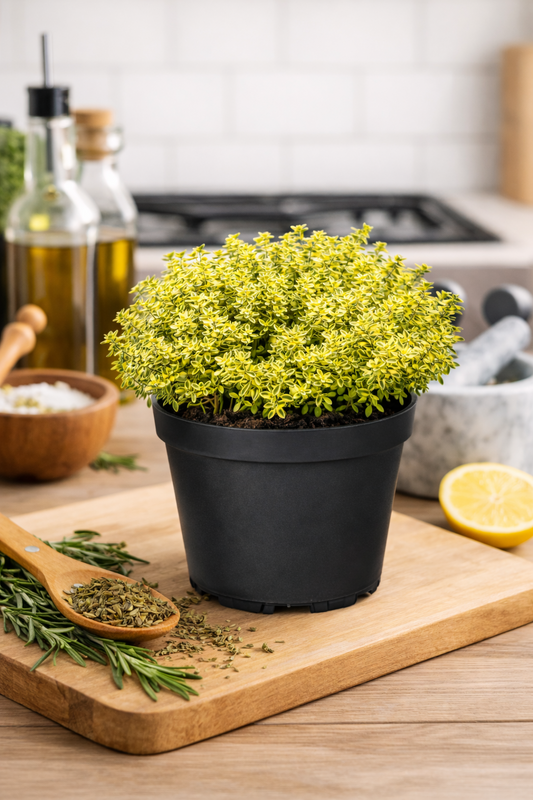 Zitronenthymian Kräuter Pflanze im Topf (Thymus citriodorus) Aromatisches Küch