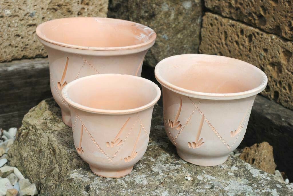 Pflanztöpfe im 3er Set helle Terracotta verziert 13/16/20cm spanisch