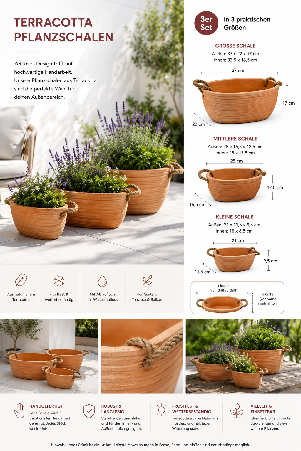 Terracotta Rustikal Blumenschale Pflanzschale Pflanzgefäß Garten Balkon Sparset