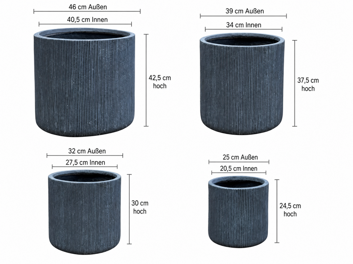 Pflanzkübel Graphite Geriffelt Cylinder Blumentopf Frostfest Innen & Aussen