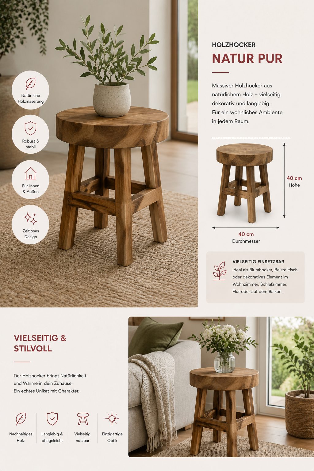 Teakholz Hocker Massivholz 40 cm Blumenhocker Pflanzenständer Beistelltisch