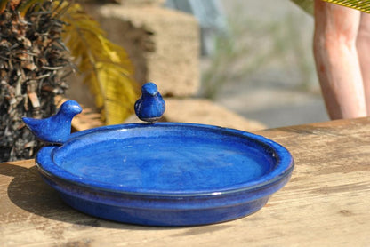 Vogeltränke mit zwei Vögelchen, rund, blau glasiert, 30cm,Wildvögel,Voliere,etc.