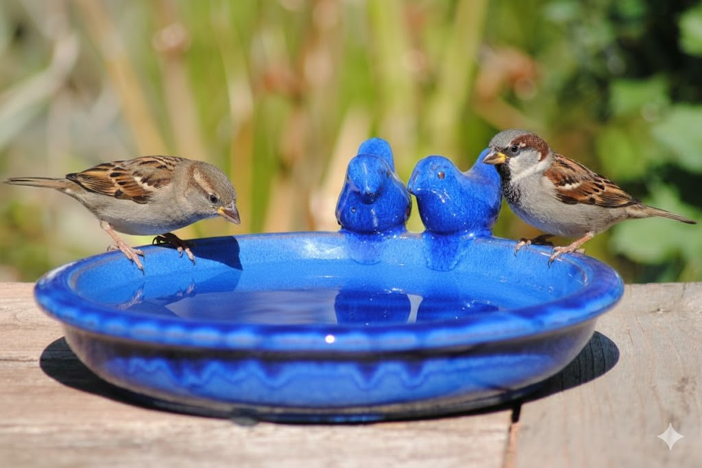 Vogeltränke,dekorativ,zwei Vögelchen,blau glasiert,30 cm Wildvögel,Voliere,etc.