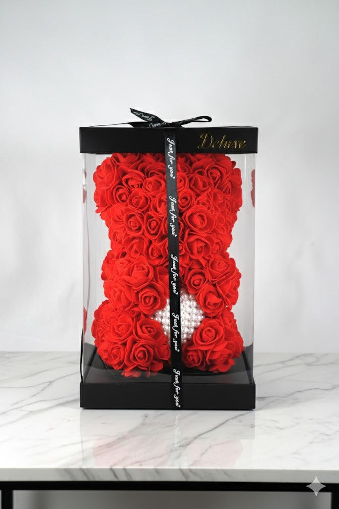 RosenBär Box Geschenk Frauentag – Deko Bär XL aus Kunstrosen 25cm 2 Farben