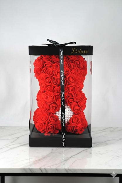 RosenBär Box Geschenk Frauentag – Deko Bär XL aus Kunstrosen 25cm 2 Farben