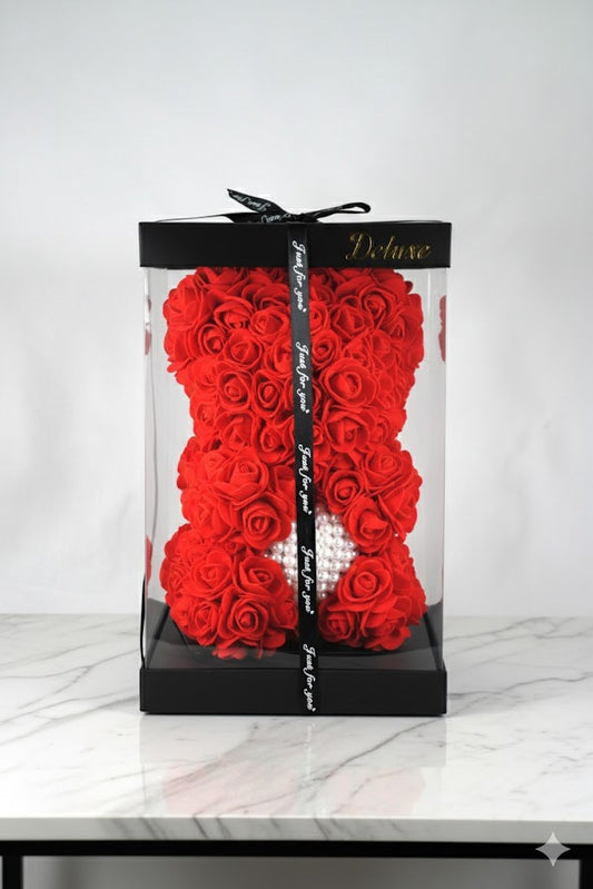 RosenBär Box Geschenk Frauentag – Deko Bär XL aus Kunstrosen,25cm,2 Farben