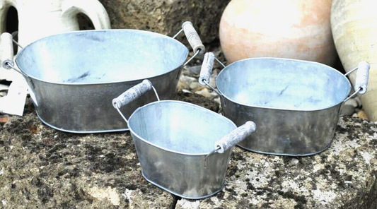 Zinkwanne,mit Henkeln,Pflanzgefäß,oval,3er Set,23,18 und 14cm lang