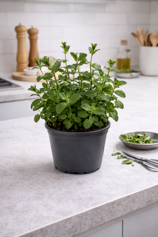 Pfefferminze Kräuter Pflanze im Topf (Mentha) Aromatisches Küchenkraut