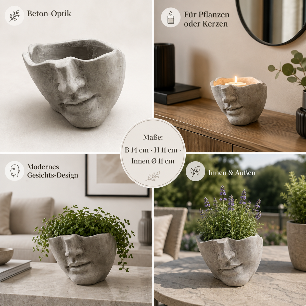 Pflanzkopf Beton Pflanzgefäß Gesicht Blumentopf Deko Kopf Innen Außen Varianten