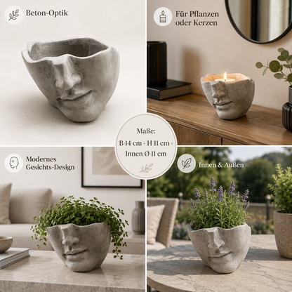 Pflanzkopf Beton Pflanzgefäß Gesicht Blumentopf Deko Kopf Innen Außen Varianten