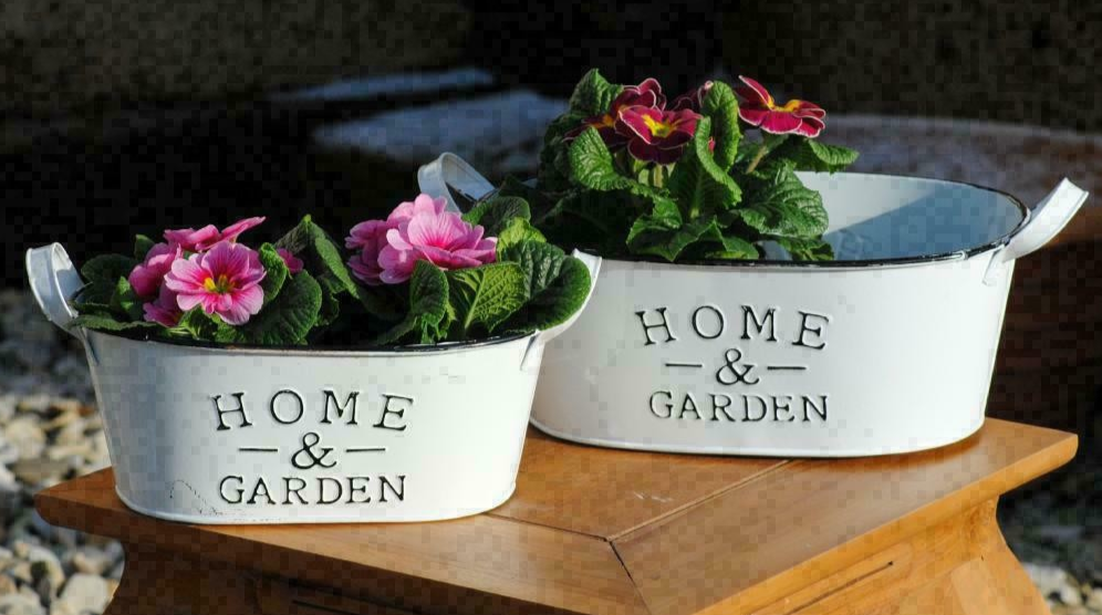 Metalltöpfe weiß "Home & Garden"frische Frühlingsdeko oval 2er Set 2 Größen
