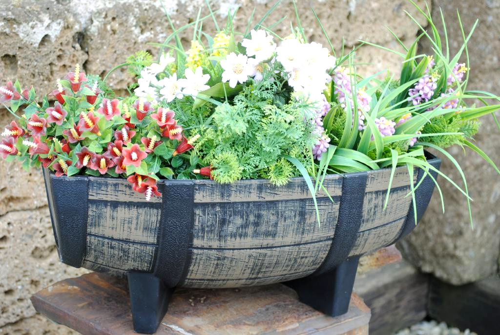 Pflanzkasten Blumenkasten Faßform hochwertiger Kunstoff Holzoptik 40cm lang