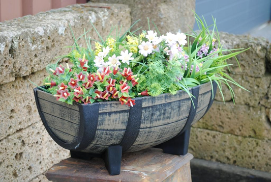 Pflanzkasten,Blumenkasten,Faßform,hochwertiger Kunstoff,Holzoptik,40cm lang