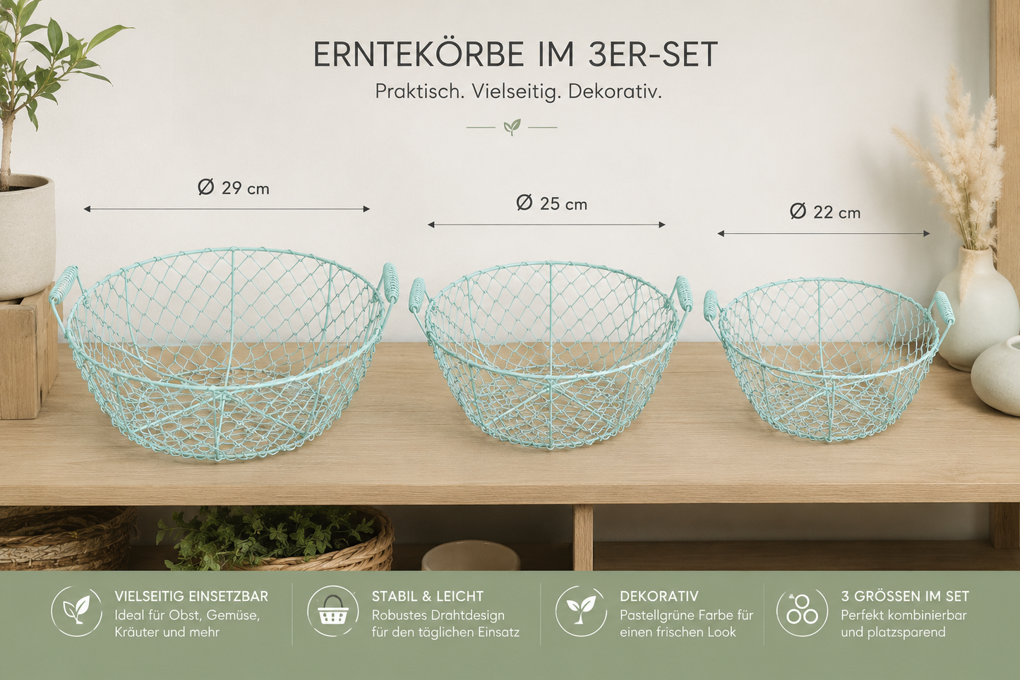 Metallkorb Drahtkorb Obstkorb Pflanzschale Griffe 2 Modelle bis 29cm 3er Set