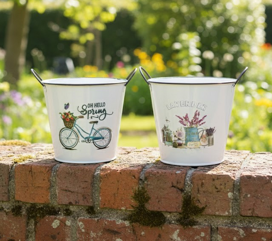 Zinktöpfe im 2er Set,17 x 15 cm,weiß mit Frühlingsmotiv,Dekotöpfe,Kräutertöpfe