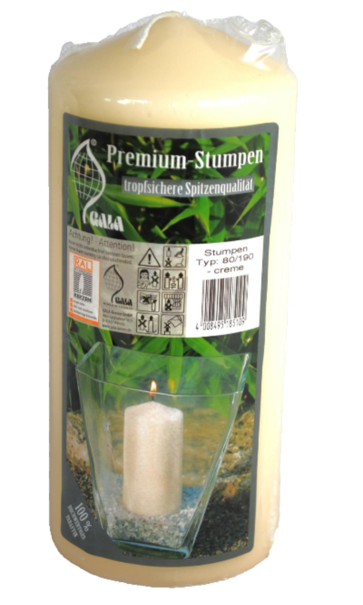 Stumpenkerze,creme,80/190 mm ,tropfsicher,RAL-Gütezeichen,2er Pack