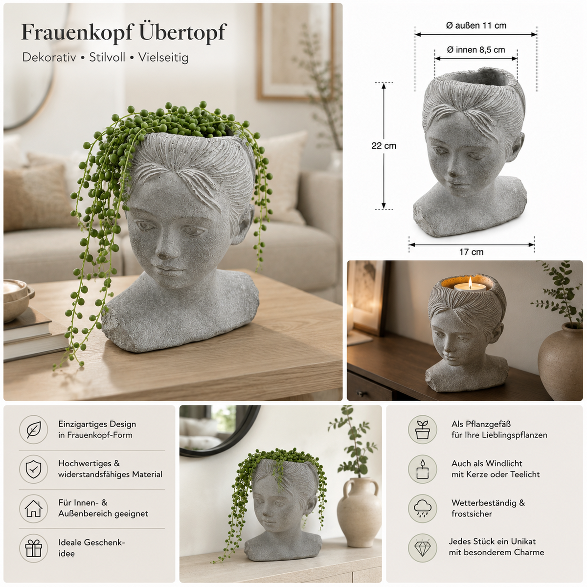Pflanzkopf Beton Pflanzgefäß Gesicht Blumentopf Deko Kopf Innen Außen Varianten