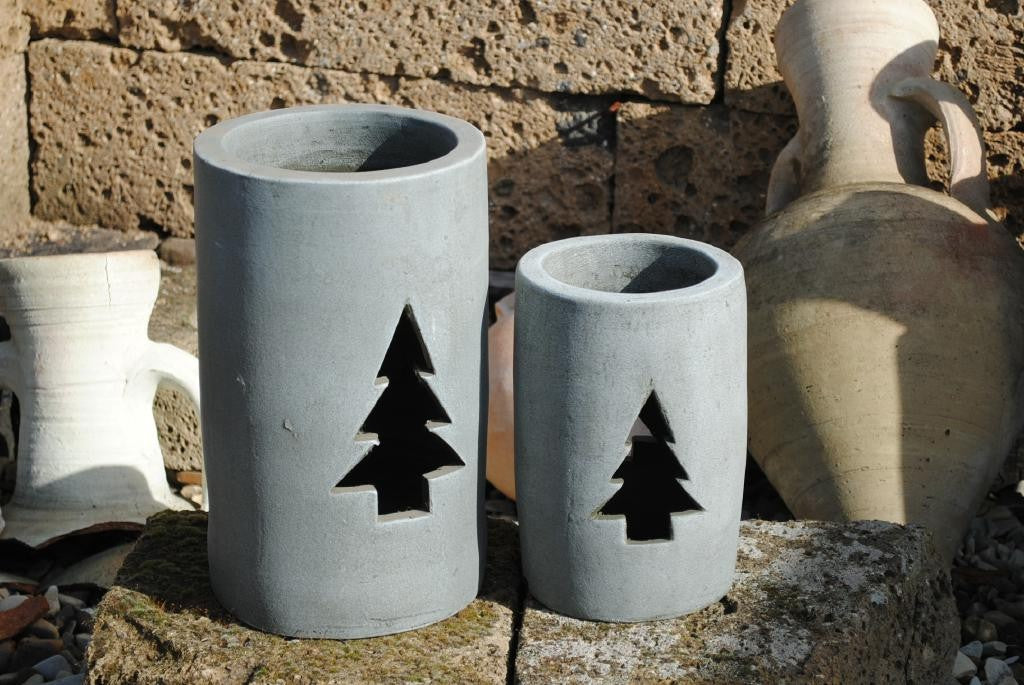 Windlicht,Tanne,aktuelles grau,Terracotta,frostfeste Handarbeit,2 Größen wählbar