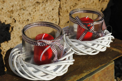 Weidenkranz mit Teelichtglas,in weiß oder natur,16cm Ø,2er Set