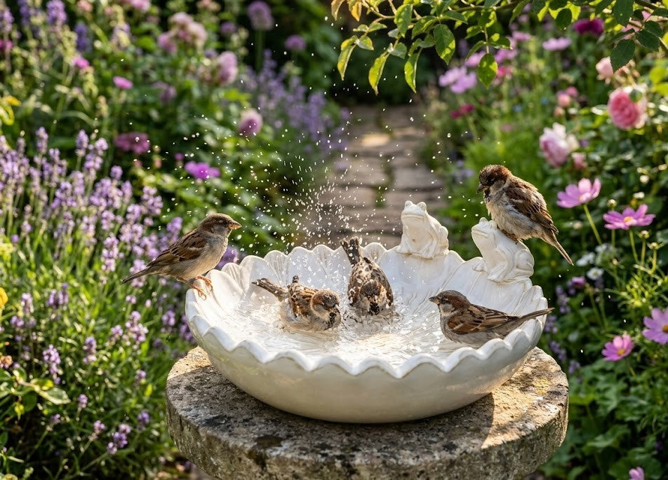 Keramik Vogeltränke Blüte Ø 26cm creme Frosch handglasiert Vogelbad Garten Deko