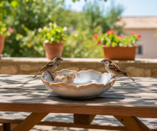 Vogeltränke,zwei Vögelchen,Blüte,creme glasiert,23 cm Wildvögel,Voliere