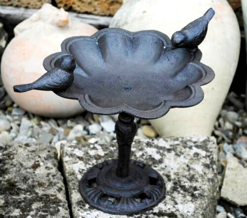Vogeltränke auf Fuß,Vogelbad,mit zwei Vögeln,Gusseisen,dunkelbraun,33cm hoch