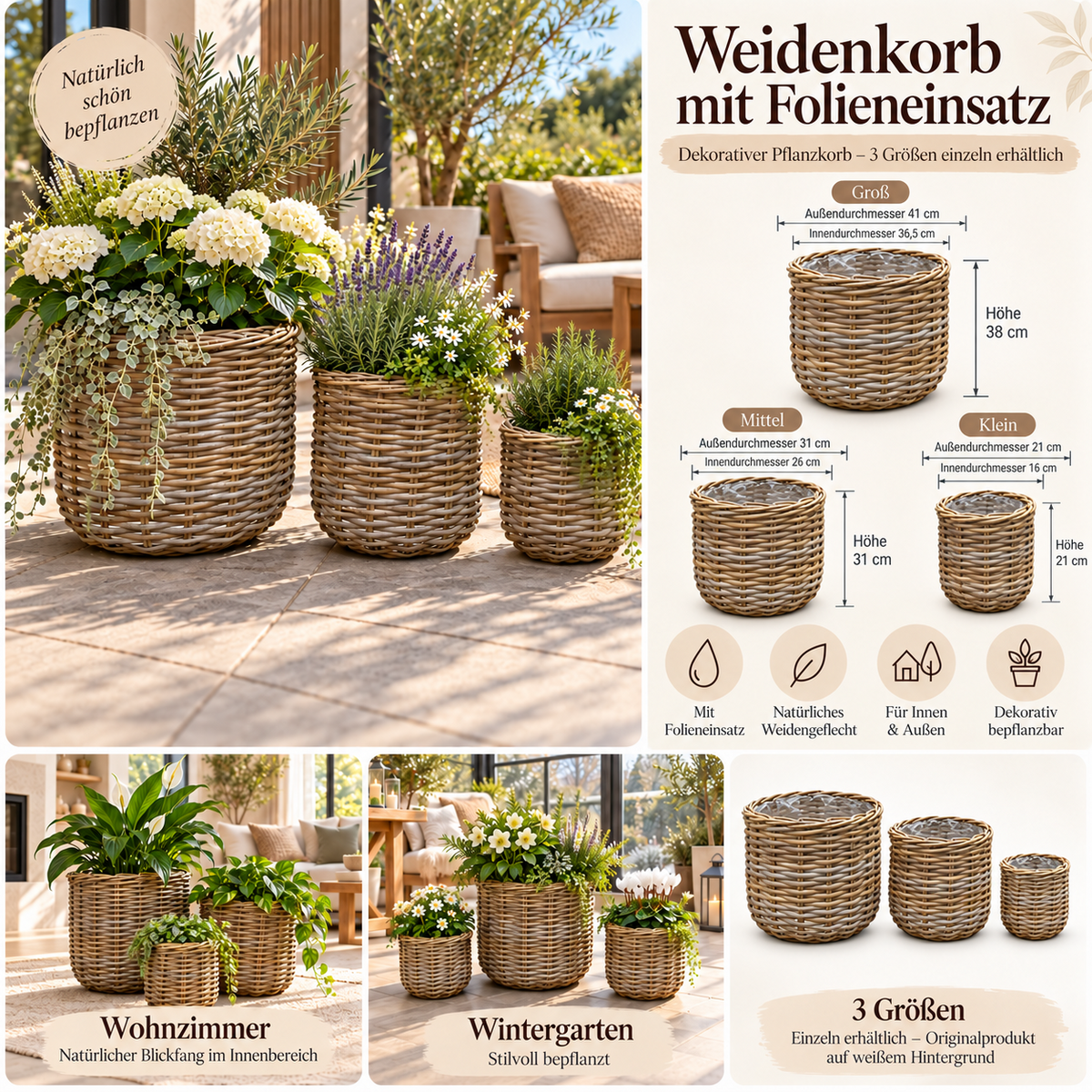 Weidenkorb Pflanzkorb mit Folieneinsatz Naturgeflecht 3 Größen Innen & – GartenGees GmbH