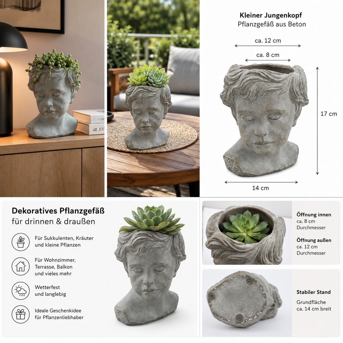 Pflanzkopf Beton Pflanzgefäß Gesicht Blumentopf Deko Kopf Innen Außen Varianten