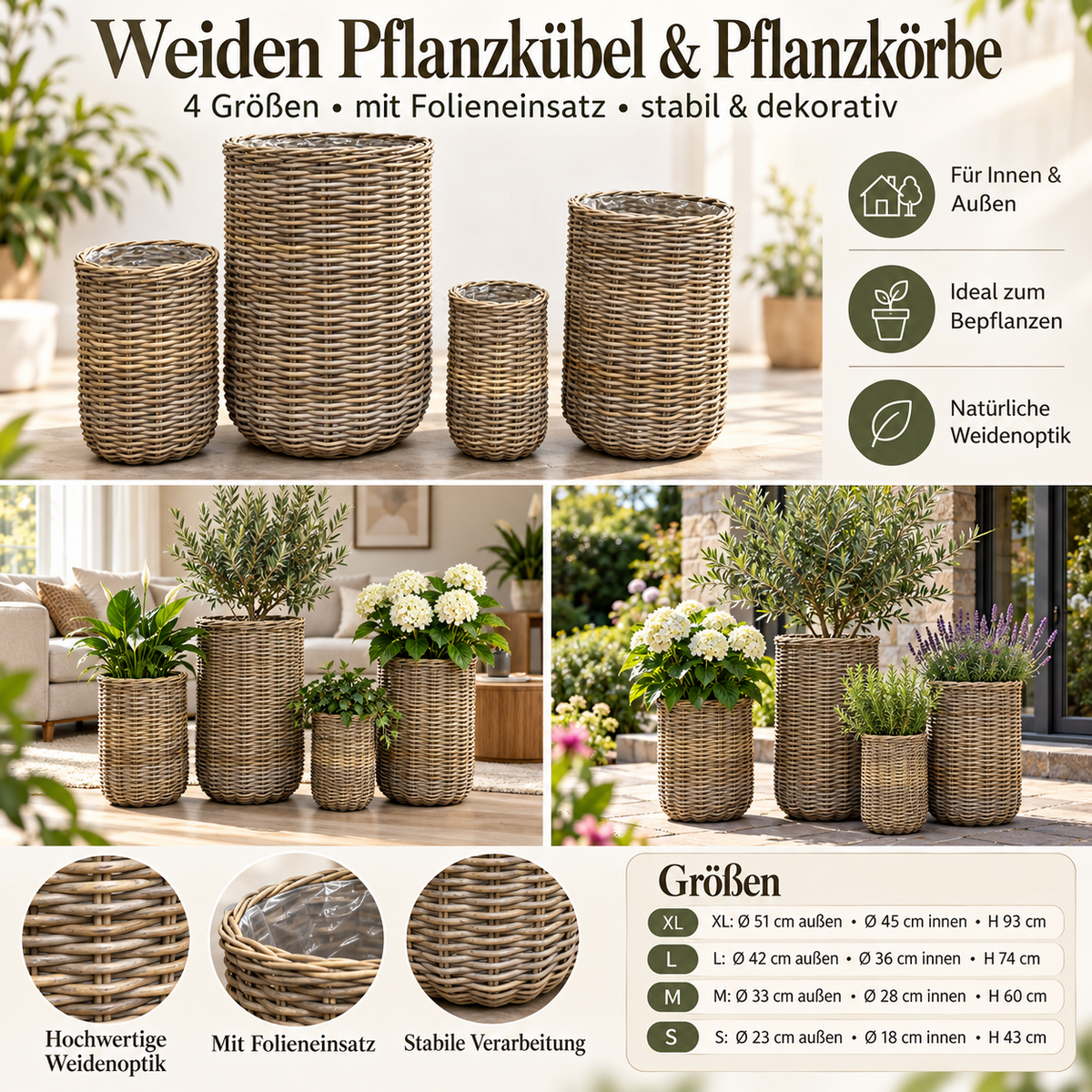 Pflanzkorb Weide hoch Pflanzkübel Übertopf Blumentopf mit Folieneinsatz 4 Größen