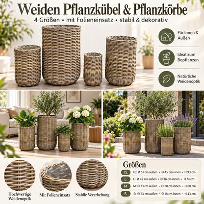 Pflanzkorb Weide hoch Pflanzkübel Übertopf Blumentopf mit Folieneinsatz 4 Größen