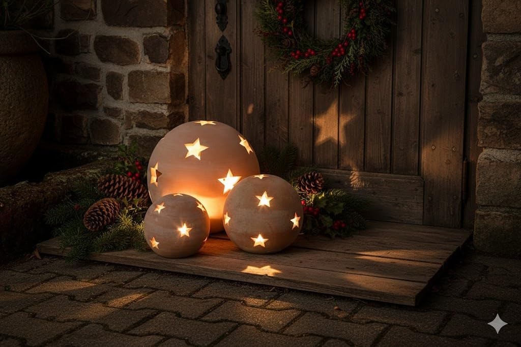 Terracottakugel,Sternkugel,frostbeständig,Windlicht,3er Set,3 Größen wählbar