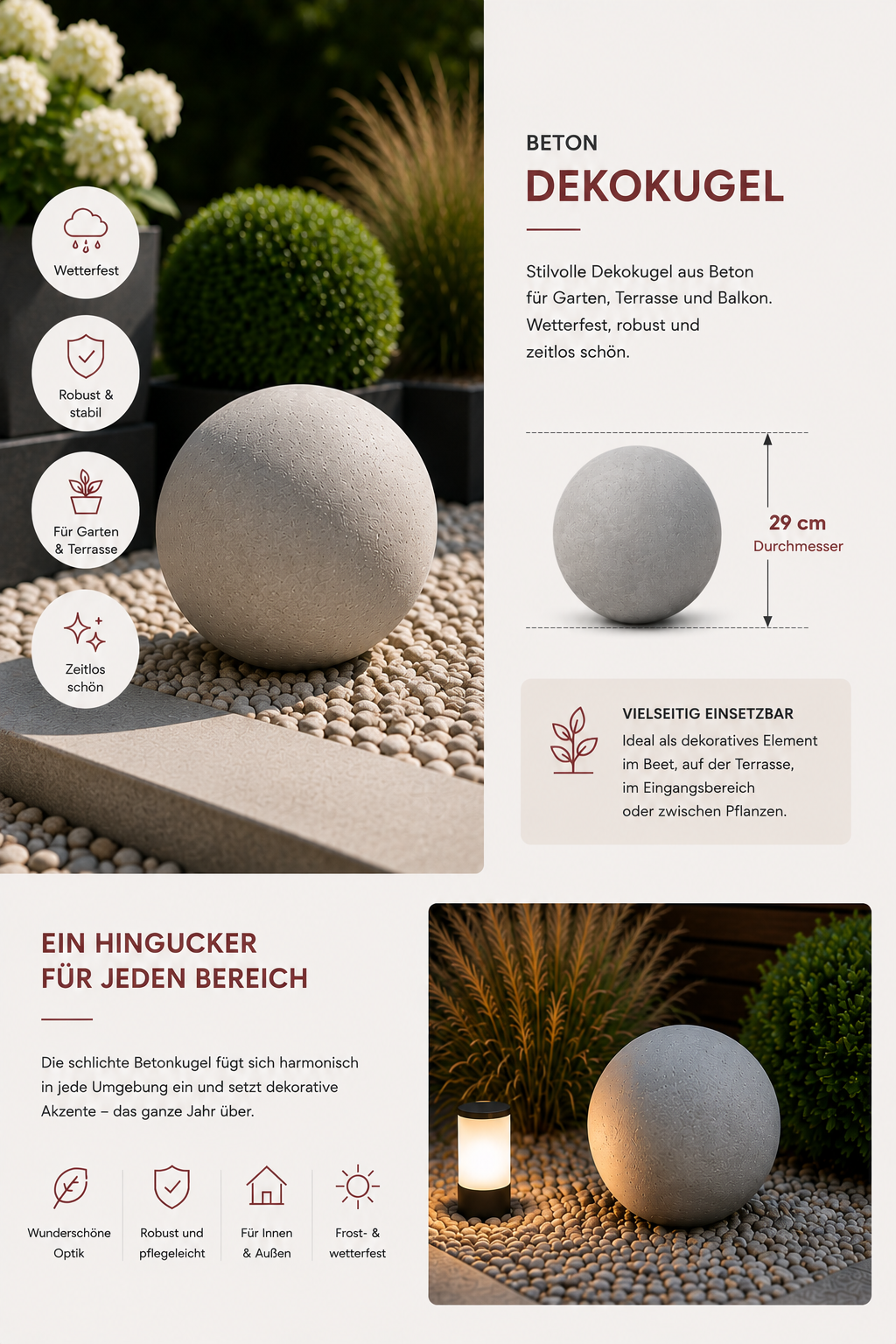 Beton Dekokugel Ø 29cm  Gartenkugel Zementkugel Wetterfest Terrasse Modern