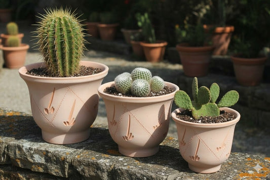 Pflanztöpfe im 3er Set,helle Terracotta,verziert,13/16/20cm,spanisch