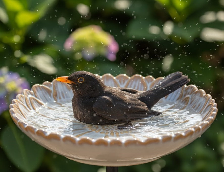 Vogeltränke,zwei Vögelchen,Blüte,creme glasiert,28 cm Wildvögel,Voliere