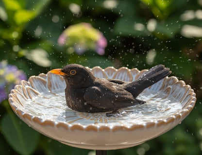 Vogeltränke,zwei Vögelchen,Blüte,creme glasiert,28 cm Wildvögel,Voliere