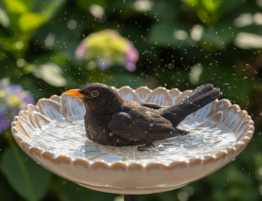 Vogeltränke,zwei Vögelchen,Blüte,creme glasiert,28 cm Wildvögel,Voliere