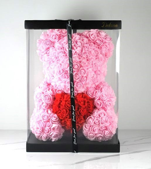RosenBär Box Geschenk Frauentag – Deko Bär XXL aus Kunstrosen,40cm,2 Farben