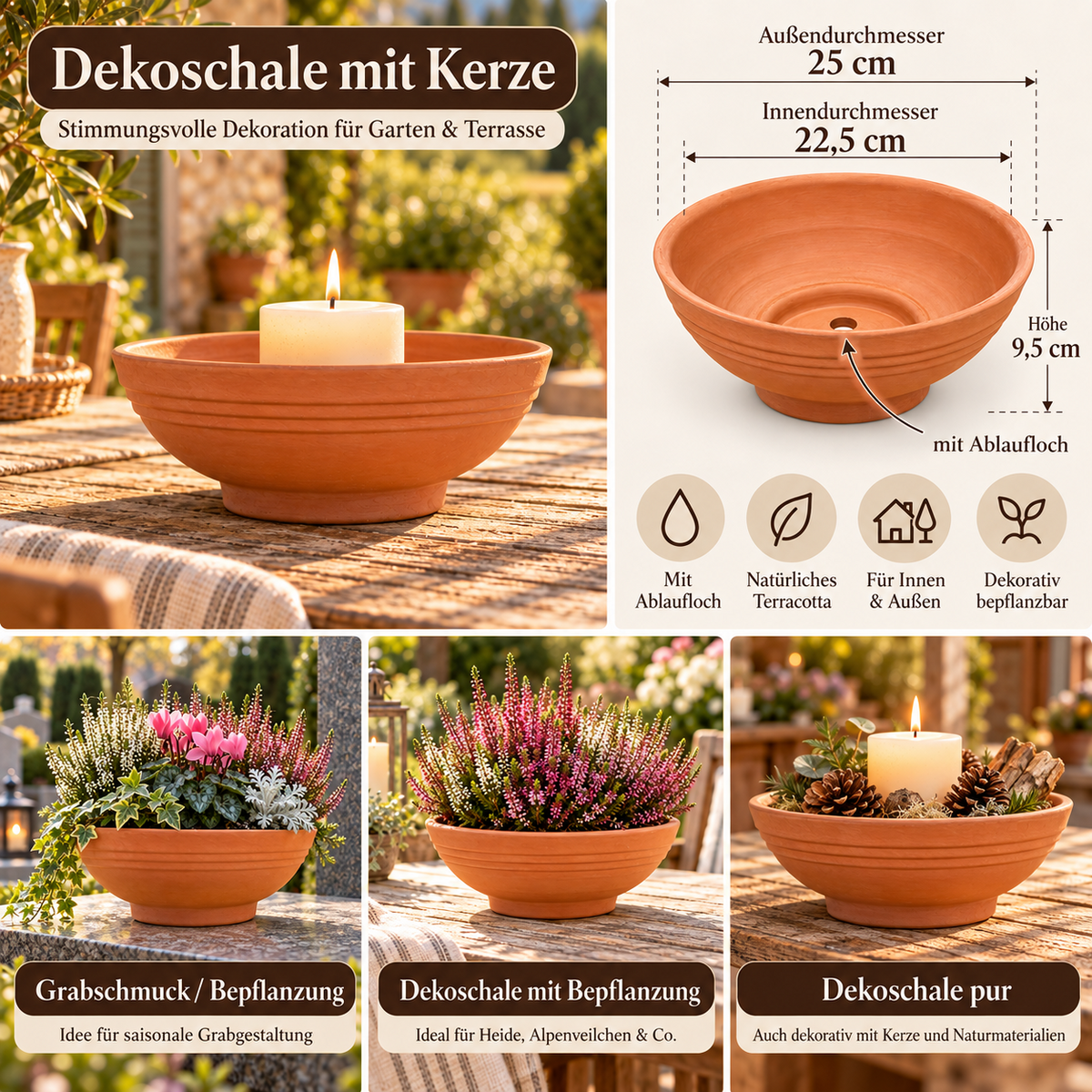 Terracotta Pflanzschale 25 cm Tonschale mit Ablaufloch Grab Garten Deko Schale