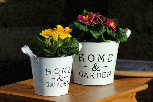 Metalltöpfe,weiß,"Home & Garden"frische Frühlingsdeko,rund,2er Set ,2 Größen