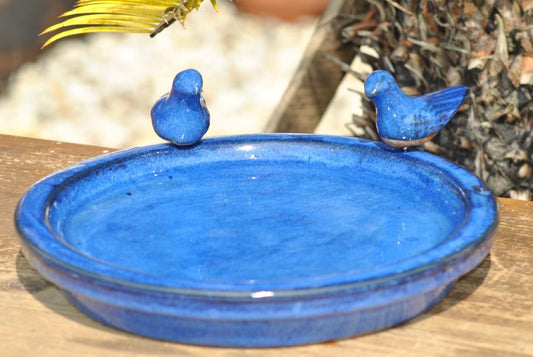 Vogeltränke mit zwei Vögelchen, rund, blau glasiert, 30cm,Wildvögel,Voliere,etc.