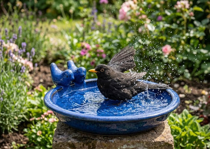 Vogeltränke,dekorativ,zwei Vögelchen,blau glasiert,30 cm Wildvögel,Voliere