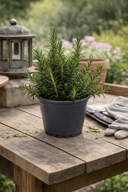 Rosmarin Kräuter Pflanze im Topf (Rosmarinus) Aromatisches Küchenkraut