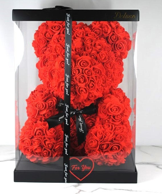 RosenBär Box Geschenk Frauentag – Deko Bär XXL aus Kunstrosen 40cm 2 Farben