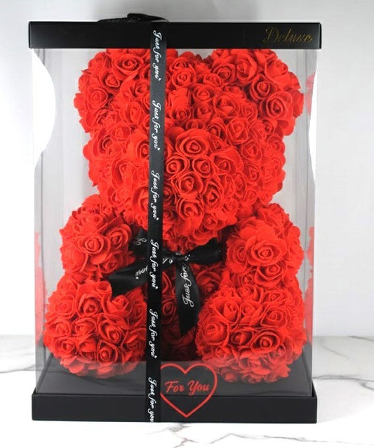 RosenBär Box Geschenk Frauentag – Deko Bär XXL aus Kunstrosen,40cm,2 Farben