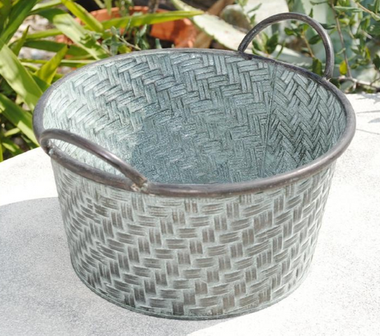 Zinkwanne,rund,antik-grün,mit Muster,Pflanzgefäß,35cm Durchmesser,Art118619